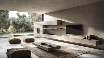 A minimalist living room with a neutral color palette, featuring a simple coffee table, a contemporary rug, and a large wall-mounted TV