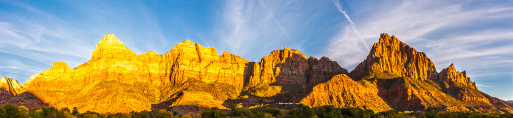 USA, Utah, Zion National Park. Panoramic of The Watchman mountain at sunset.