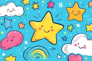 Playful colorful cartoon characters with stars and clouds