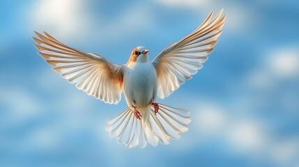 Obraz premium Bird flying in sky, close-up of wings in motion, soft clouds in the background