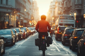 Cyclist riding down an urban street at sunrise