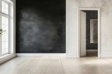 Empty room with black wall, white door, and hardwood floor.