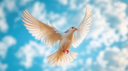 Obraz premium Bird flying in sky, close-up of wings in motion, soft clouds in the background