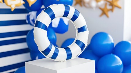 Colorful Lifebuoy Decoration Against Blue Balloon Background