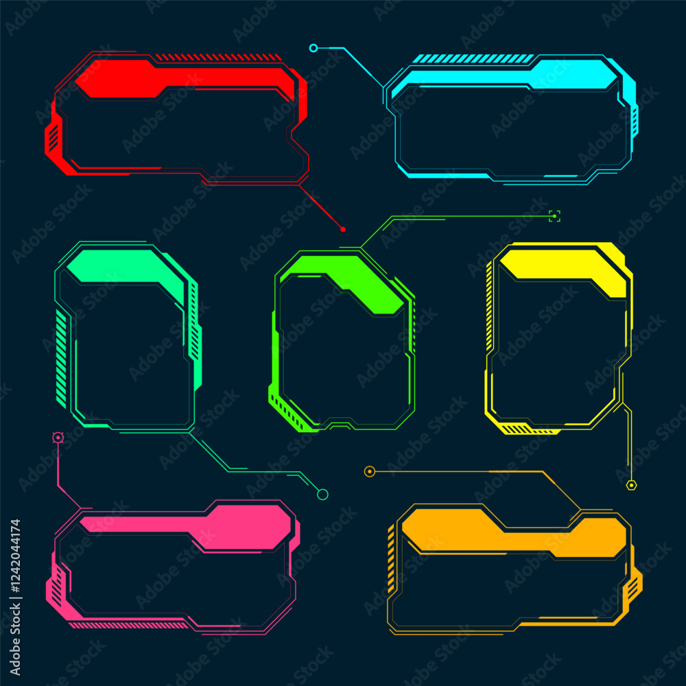 Poster futuristic hud or ui elements. sci-fi user interface text boxes, callouts. colorful warning message 