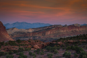 USA, Utah, Capital Reef National Park. Sunset on mountain landscape.