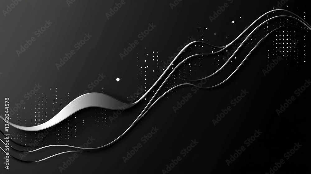 Poster a smooth line graph in metallic silver, with ascending and descending lines on a black background, r