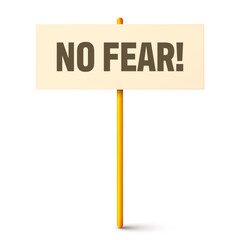 Protest sign with text slogan and wooden holder. Demonstration banner. Strike action cardboard placard mockup. Social advertisement. Vector illustration