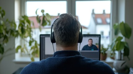 Man Engaged in Virtual Meeting at Home Office with Headphones