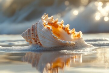 Close-up of seashell with soft reflections on wet sand