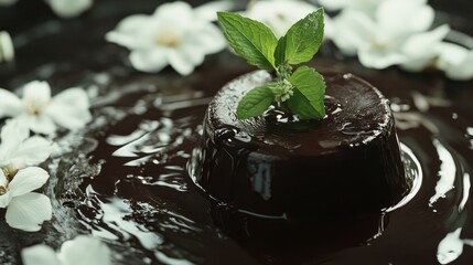 A stunning shot of an elegant chocolate dessert plated with a drizzle of sauce, garnished with mint leaves and edible flowers, creating a gourmet experience