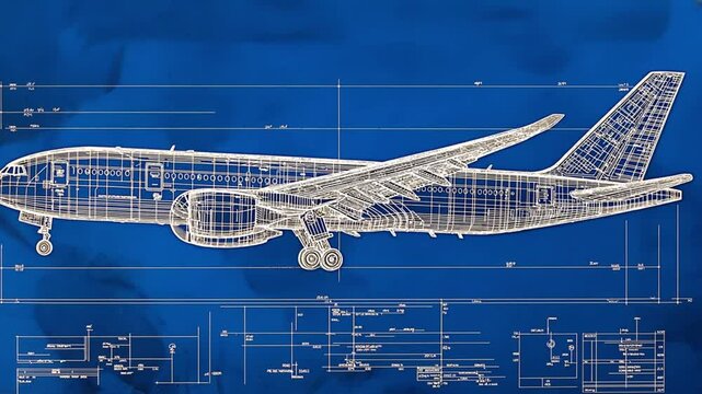 A detailed technical blueprint of a modern commercial airplane on a deep blue engineering background. Concept of aerospace innovation, aviation technology, and mechanical design.