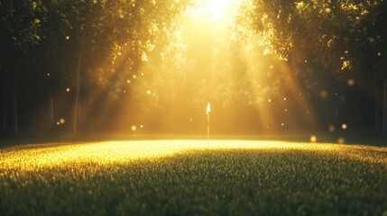 A tranquil image of a golf green at sunset, with the sun casting golden rays over the flagstick and soft shadows playing across the manicured grass