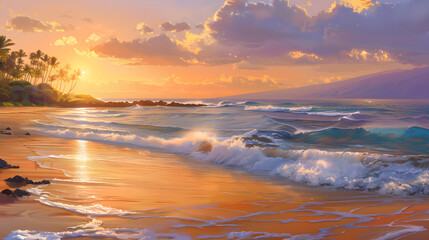 Obraz premium Tropical Beachscape during Golden Hour - Majestic Colorful Sunset by the Ocean