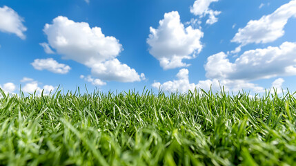 Fototapeta premium Lush green grass blades grow under a bright blue sky filled with fluffy white clouds on a sunny day.