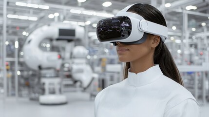 Woman Wearing Virtual Reality Headset in High-Tech Manufacturing Setting