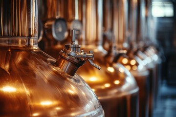 Fresh beer brewing in a friendly and inviting brewery taproom with gleaming copper tanks and a lively atmosphere