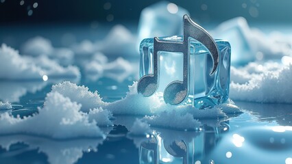 Ice sculpture shaped like a musical note melting on a reflective surface with droplets	