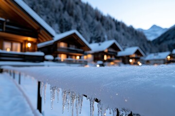 A close-up view of icicles glistening from a rail, with snow-covered chalets in soft focus, symbolizing winter's beauty and the charm of a cozy mountain retreat.
