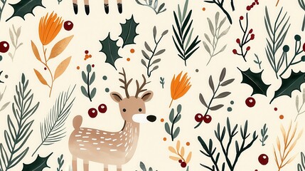 Whimsical Floral Pattern Featuring Deer and Holiday Botanicals