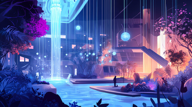 Advanced water treatment facility utilizing innovative technology for efficient purification in a modern urban setting. Technology & Nature Fusion. Illustration