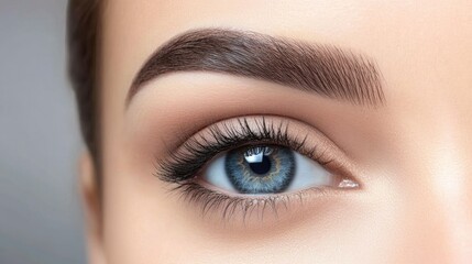 A vibrant image of a woman with bold, perfectly filled-in eyebrows, complemented by striking eye makeup, creating a glamorous and sophisticated look
