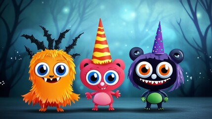 Naklejka premium Colorful Cartoon Monsters Celebrating with Party Hats and Joyful Expressions