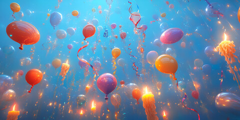 Fototapeta premium Balloons, Candles, and Colorful Streamers Floating for a Festive Celebration