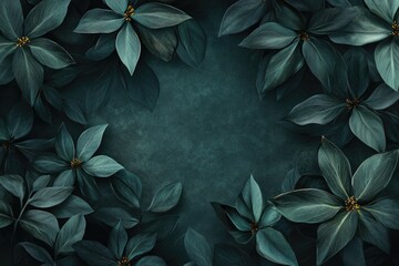 Dark teal leaves and flowers arranged in an elegant border with a moody, atmospheric central space for text or design placement.