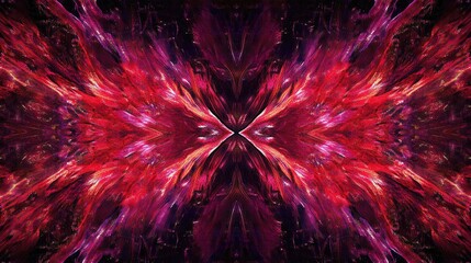 Close-up of red and purple fireworks exploding in symmetrical patterns, leaving glowing trails that illuminate the dark night sky
