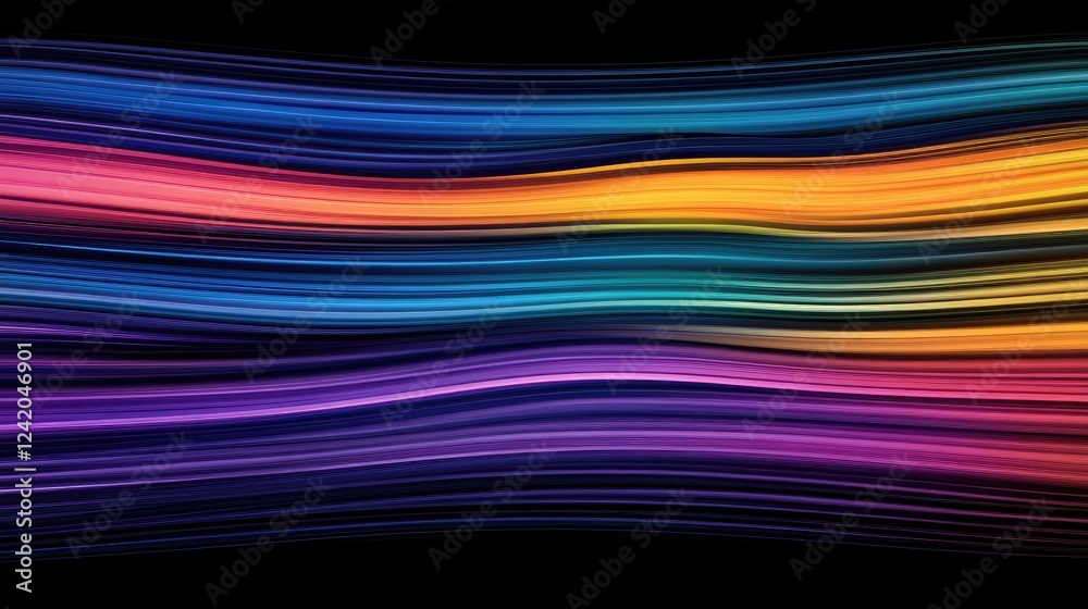 Poster colorful gradient lines flowing in parallel, creating a smooth wave effect on a dark backdrop, showc