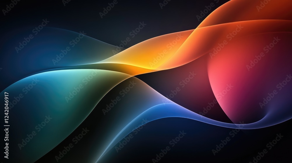 Poster colorful gradient lines flowing in parallel, creating a smooth wave effect on a dark backdrop, showc