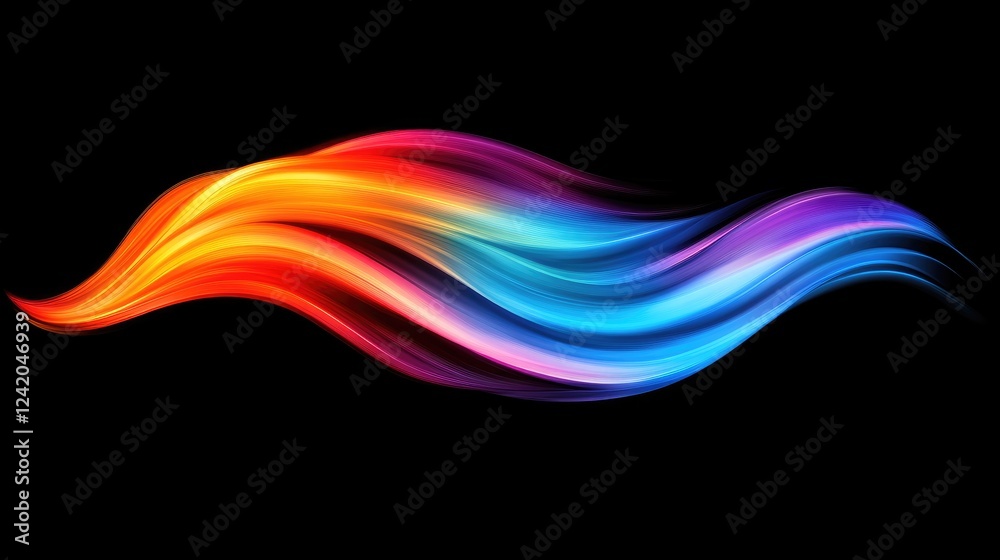 Poster colorful gradient lines flowing in parallel, creating a smooth wave effect on a dark backdrop, showc
