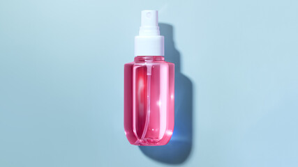 Mockup of transparent Jar with liquid inside dispenser for soap, lotion, beauty care products on blue background