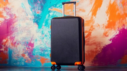 A sleek black suitcase with distinct orange details stands
