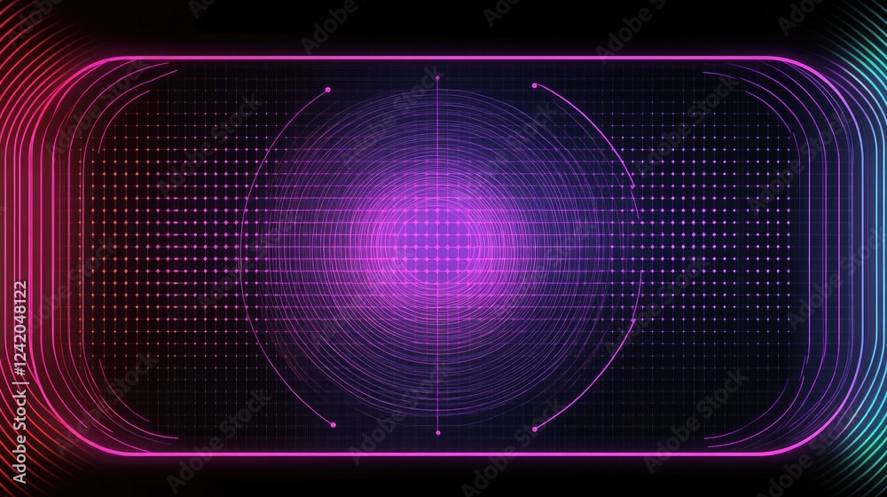 Poster neon-colored circles and lines in a digital grid pattern, with glowing points connected by thin line
