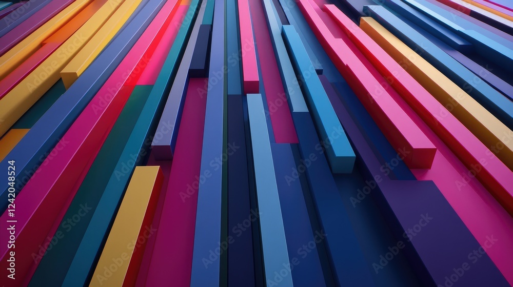 Poster rows of colorful, tilted d bars aligned diagonally, creating a sense of dynamic movement and depth o