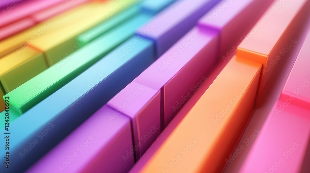 Poster rows of colorful, tilted d bars aligned diagonally, creating a sense of dynamic movement and depth o
