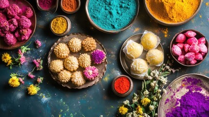  Table Set with Holi Sweets, Surrounded by Gulal Powders, Colorful Flowers, and Festive Decorations