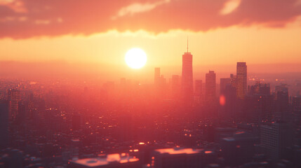 Sunset silhouettes of a majestic urban skyline with soaring skyscrapers, reflecting the city's vibrant economic pulse and architectural grandeur, with modern blurred empty caption space.

