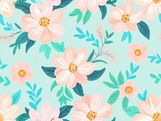 Pastel Floral Seamless Pattern: Delicate Pink Blooms and Teal Leaves