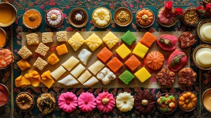 Top-Down View of Colorful Mithai, Like Barfis and Peda, Arranged in a Symmetrical Pattern on a Festive Tablecloth