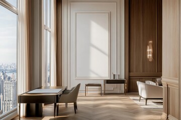 Fototapeta premium Modern luxury home office with city view, wood paneling, and large window.
