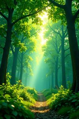 Obraz premium Lush green forest canopy with sunlight filtering through leaves , ecology, trees, plant life