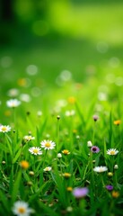 Lush green grass field with scattered wildflowers and leaves on a sunny day, park, cloud, freshness