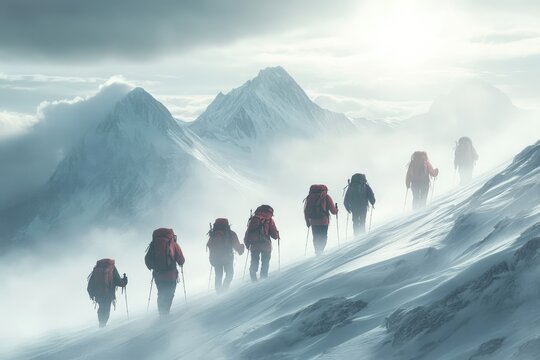 A group of mountaineers, equipped with backpacks and ice axes, traverse a snowy mountain slope towards a majestic peak.