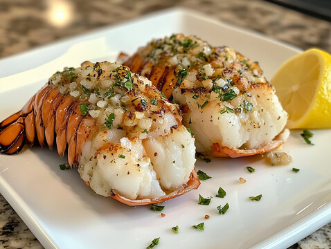 Queues de langoustes grill&eacute;es sur une assiette