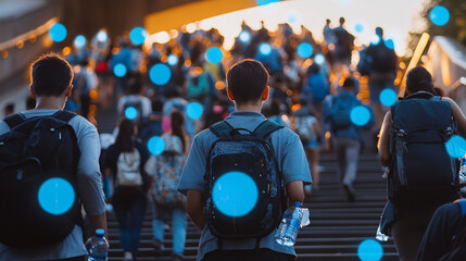 A crowd of people wearing backpacks walk up stairs in an urban setting with glowing blue digital data points overlaid on the scene

