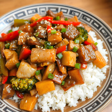 Comida China Tradicional con Pollo, Vegetales y Arroz Blanco