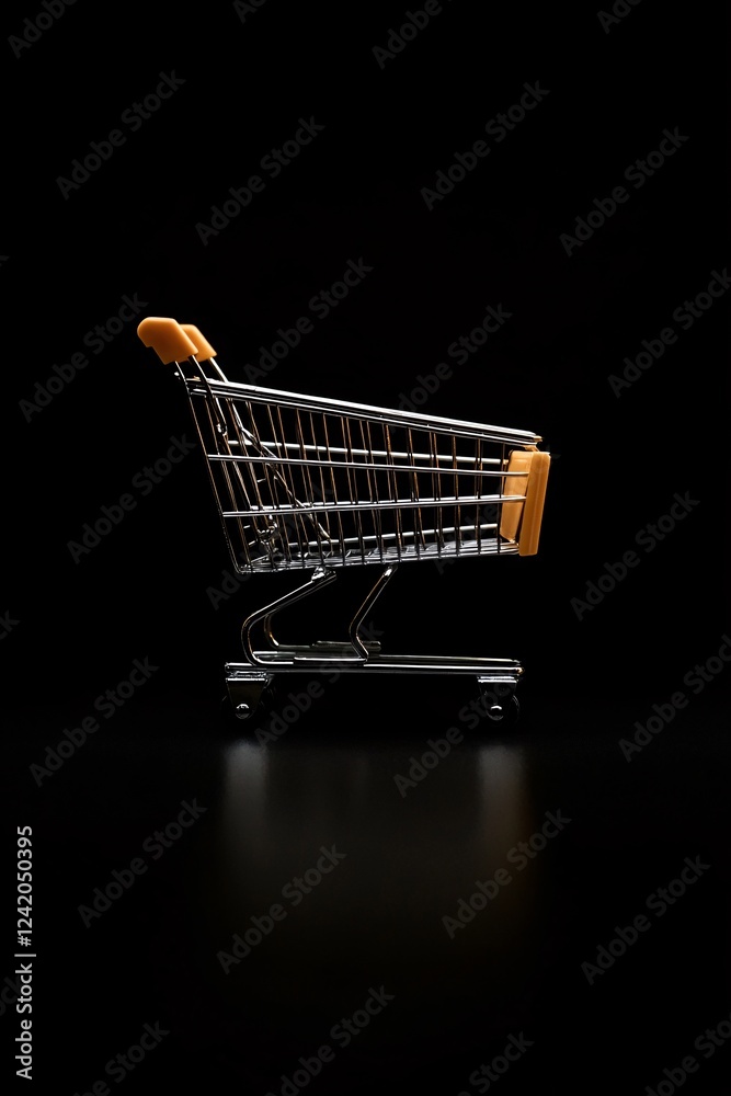 Poster Concept of online shopping and consumerism is portrayed by an empty shopping cart standing on a dark background with reflection